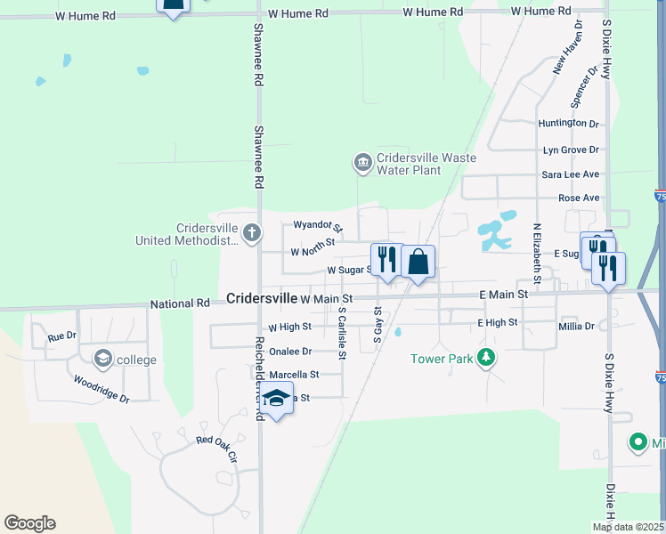 map of restaurants, bars, coffee shops, grocery stores, and more near 307 West North Street in Cridersville