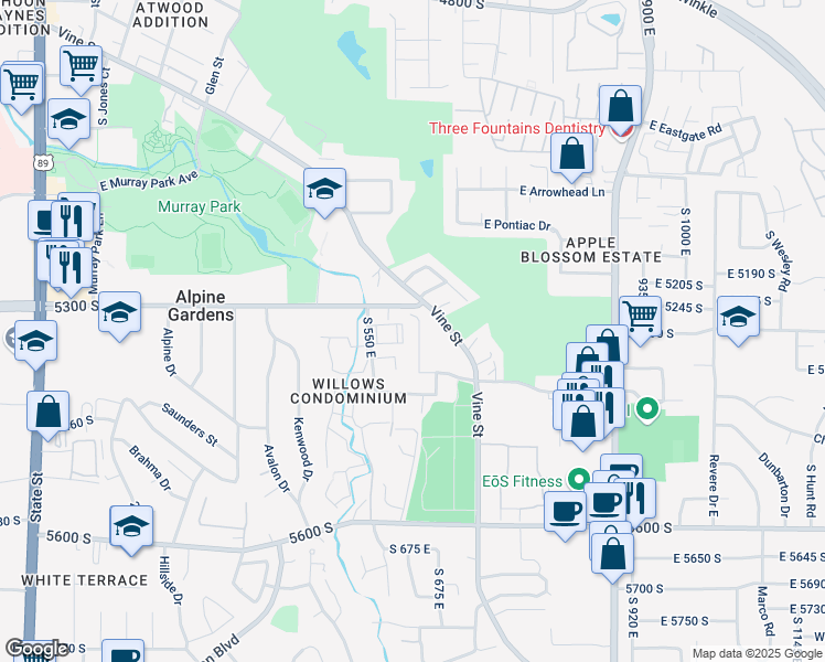 map of restaurants, bars, coffee shops, grocery stores, and more near 582 5300 South in Murray