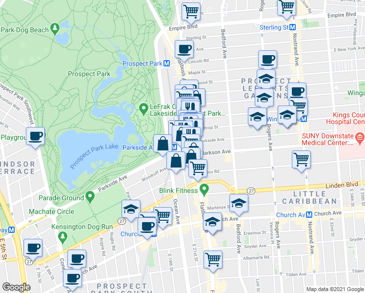 map of restaurants, bars, coffee shops, grocery stores, and more near Parkside Ave & Parkside Ct in Brooklyn