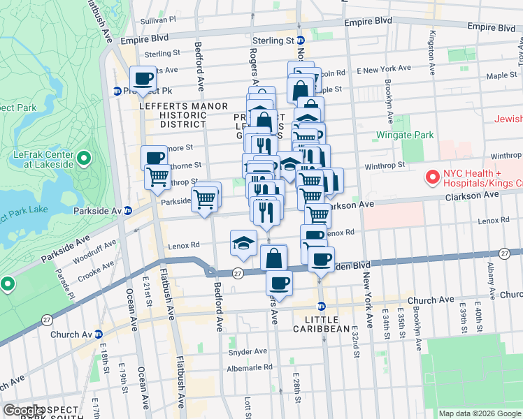 map of restaurants, bars, coffee shops, grocery stores, and more near 636 Rogers Avenue in Brooklyn