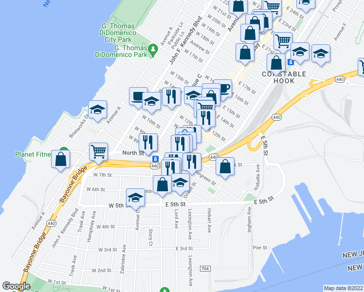 map of restaurants, bars, coffee shops, grocery stores, and more near 14 West 10th Street in Bayonne