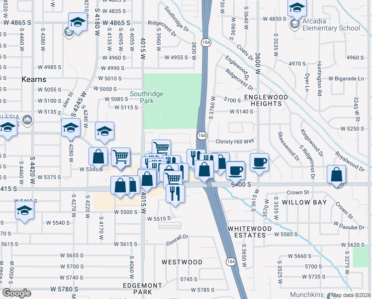 map of restaurants, bars, coffee shops, grocery stores, and more near 3860 Burgess Road in Salt Lake City