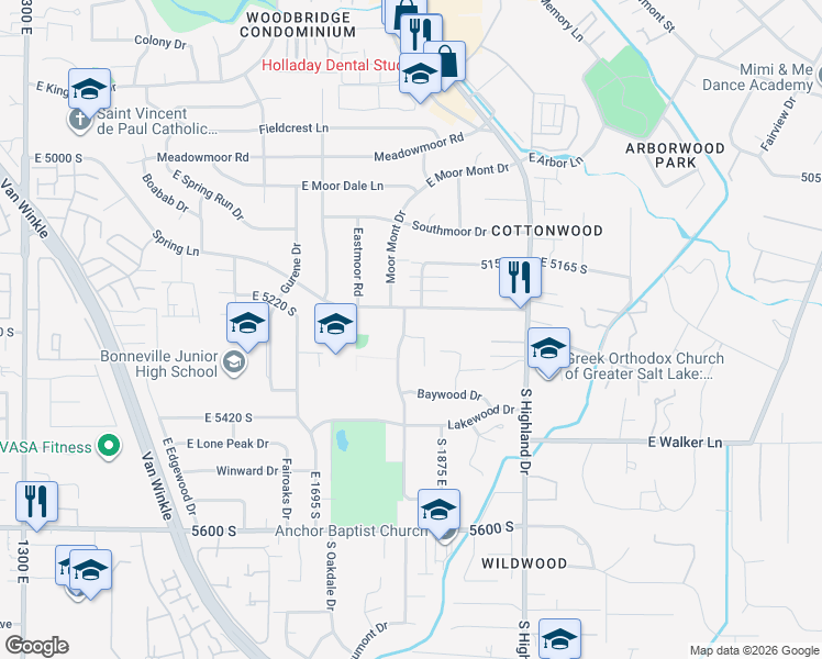 map of restaurants, bars, coffee shops, grocery stores, and more near 1821 East 5240 South in Holladay