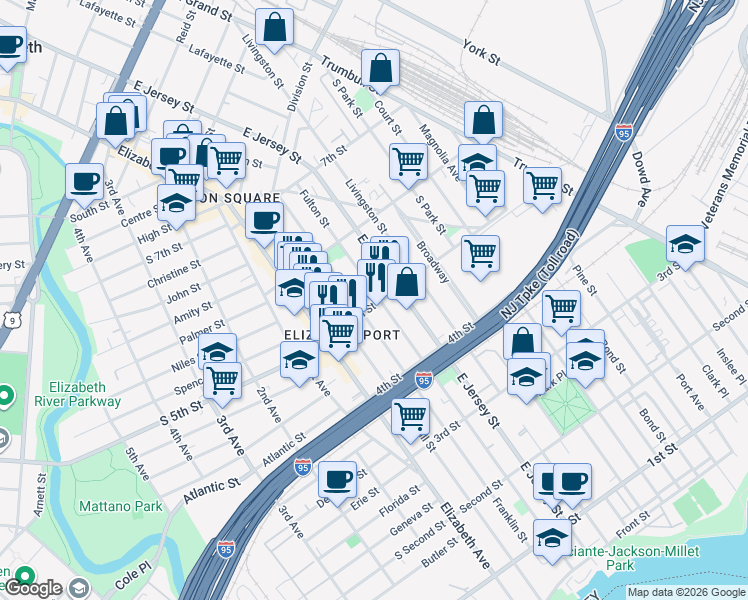 map of restaurants, bars, coffee shops, grocery stores, and more near 517 Fulton Street in Elizabeth
