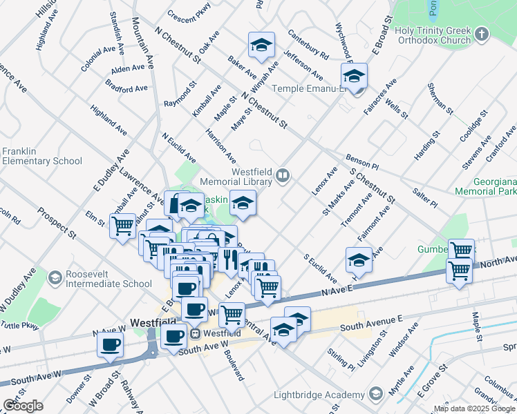 map of restaurants, bars, coffee shops, grocery stores, and more near 526 East Broad Street in Westfield