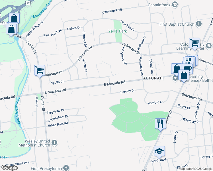 map of restaurants, bars, coffee shops, grocery stores, and more near 540 East Macada Road in Bethlehem