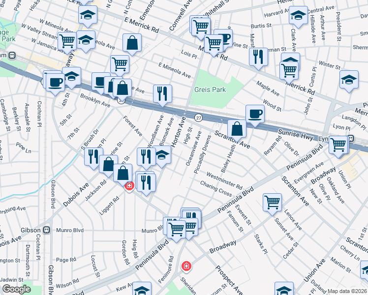map of restaurants, bars, coffee shops, grocery stores, and more near 31 High Street in Valley Stream