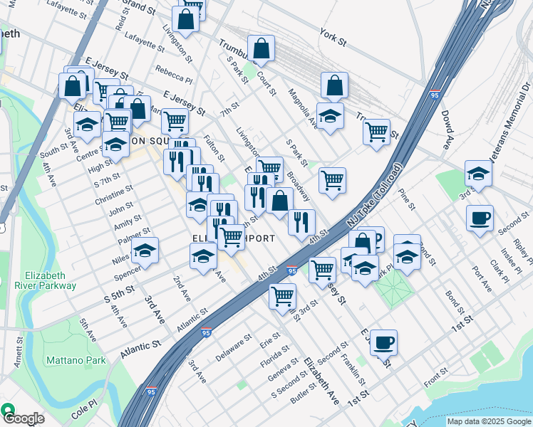 map of restaurants, bars, coffee shops, grocery stores, and more near 517 Fulton Street in Elizabeth