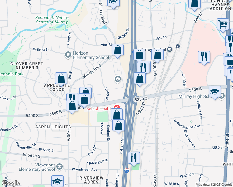 map of restaurants, bars, coffee shops, grocery stores, and more near 5300 South 360 West in Murray