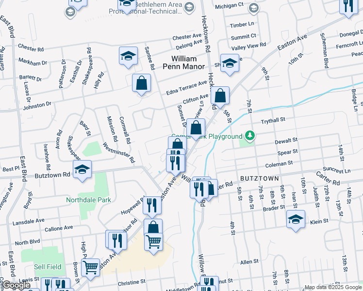 map of restaurants, bars, coffee shops, grocery stores, and more near 2802 Sunset Drive in Bethlehem