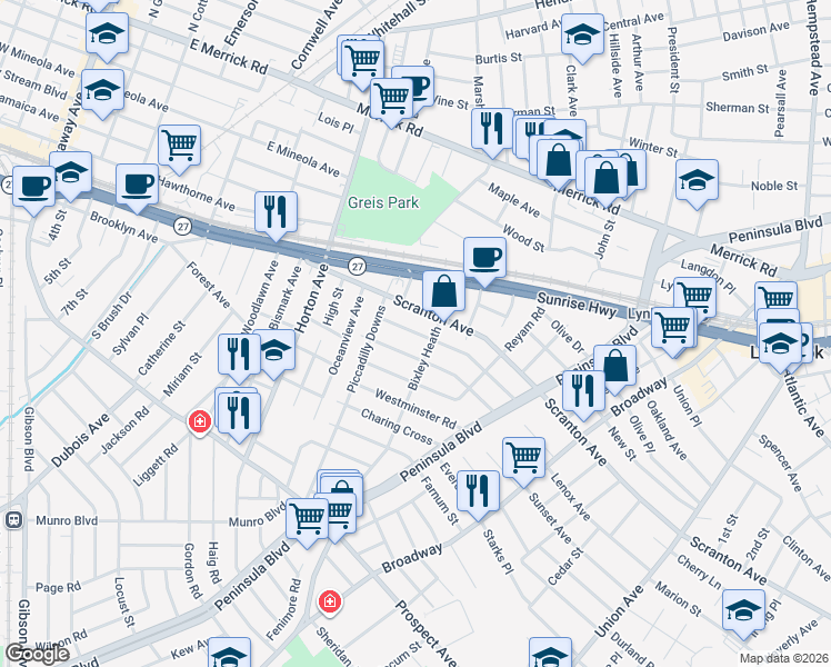 map of restaurants, bars, coffee shops, grocery stores, and more near 122 Scranton Avenue in Lynbrook