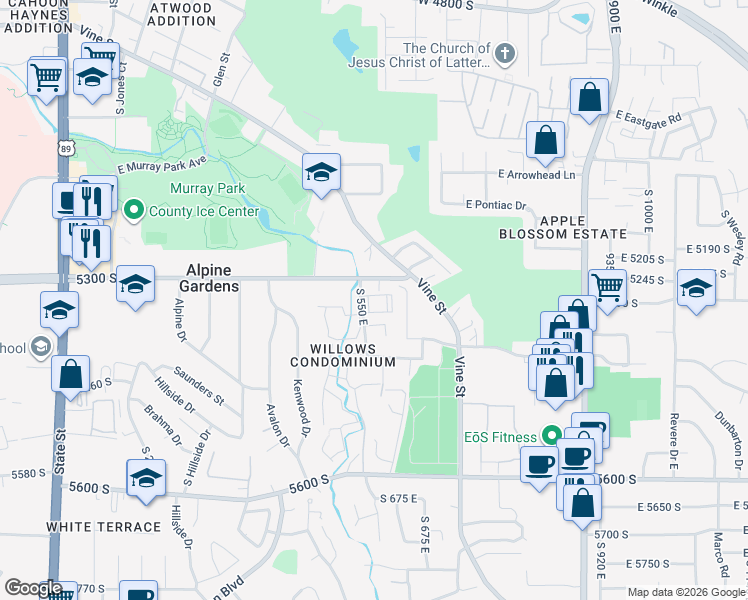 map of restaurants, bars, coffee shops, grocery stores, and more near 5320 South 570 East in Murray