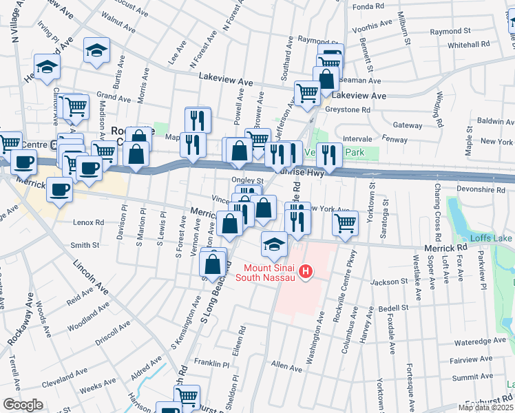 map of restaurants, bars, coffee shops, grocery stores, and more near 50 North Long Beach Road in Rockville Centre