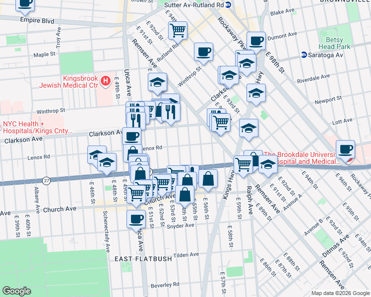 map of restaurants, bars, coffee shops, grocery stores, and more near 900 Lenox Road in Brooklyn