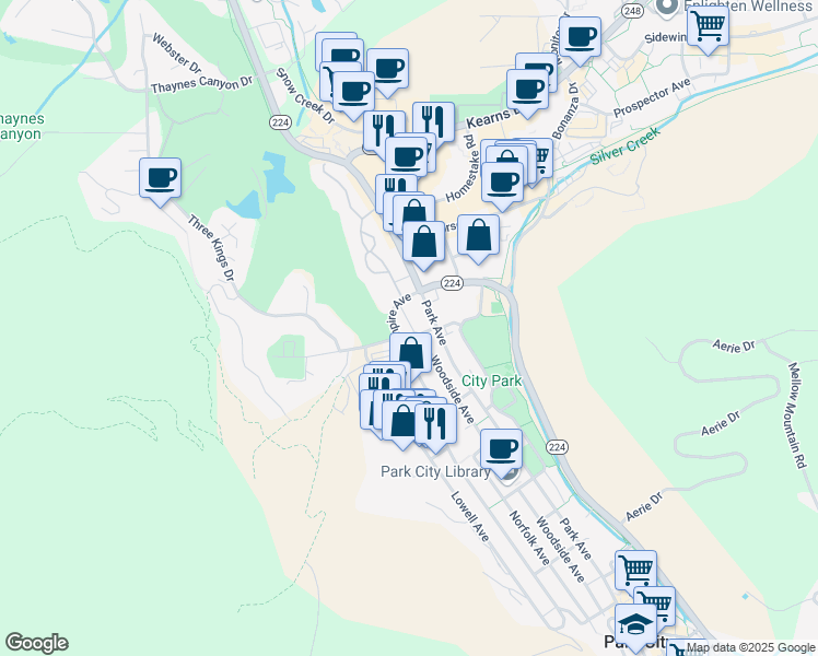 map of restaurants, bars, coffee shops, grocery stores, and more near 1525 Park Avenue in Park City