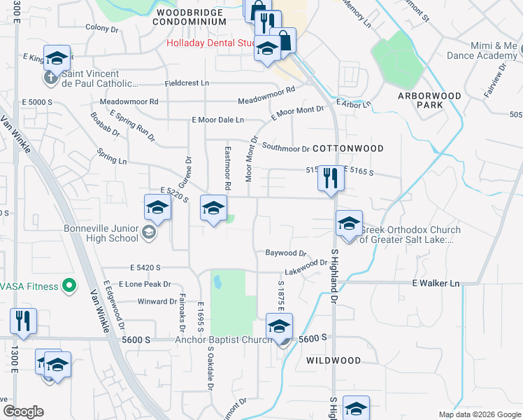 map of restaurants, bars, coffee shops, grocery stores, and more near 1821 East 5240 South in Holladay