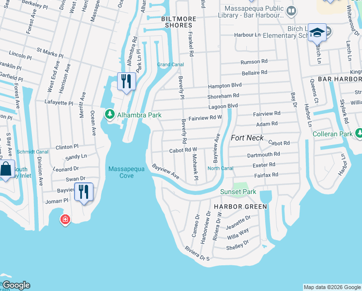 map of restaurants, bars, coffee shops, grocery stores, and more near 27 Brewster Road West in Massapequa
