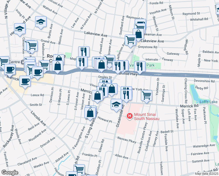 map of restaurants, bars, coffee shops, grocery stores, and more near 50 North Long Beach Road in Rockville Centre