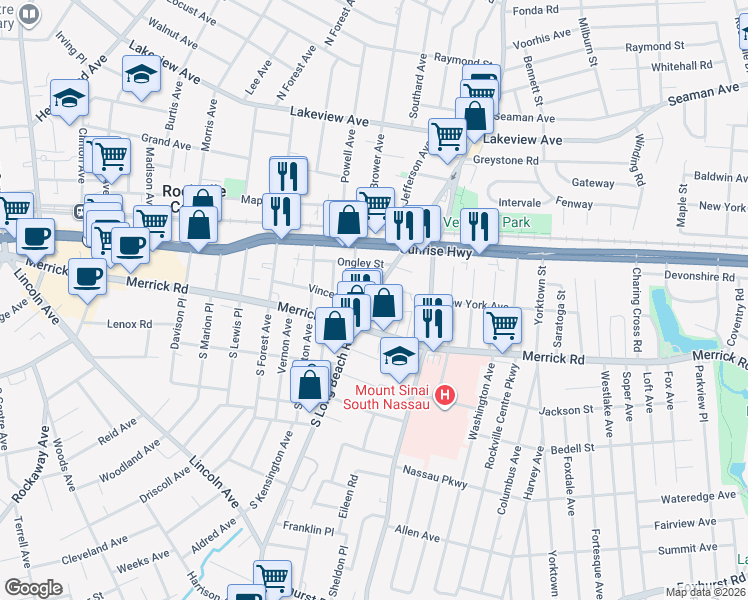 map of restaurants, bars, coffee shops, grocery stores, and more near 50 North Long Beach Road in Rockville Centre