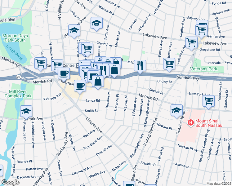 map of restaurants, bars, coffee shops, grocery stores, and more near 371 Merrick Road in Rockville Centre