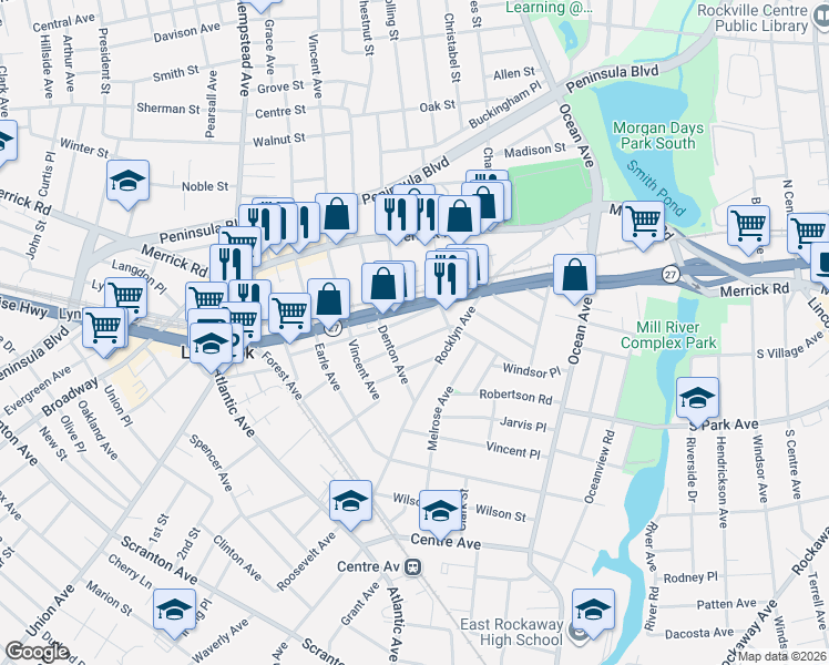 map of restaurants, bars, coffee shops, grocery stores, and more near 84 Shipherd Avenue in Lynbrook