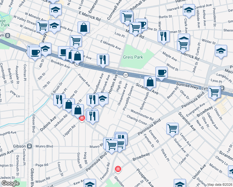 map of restaurants, bars, coffee shops, grocery stores, and more near 31 High Street in Valley Stream