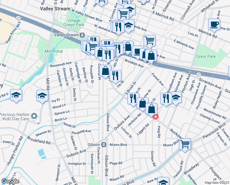 map of restaurants, bars, coffee shops, grocery stores, and more near 12 7th Street in Valley Stream
