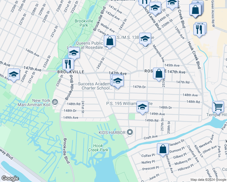 map of restaurants, bars, coffee shops, grocery stores, and more near 147-33 249th Street in Queens