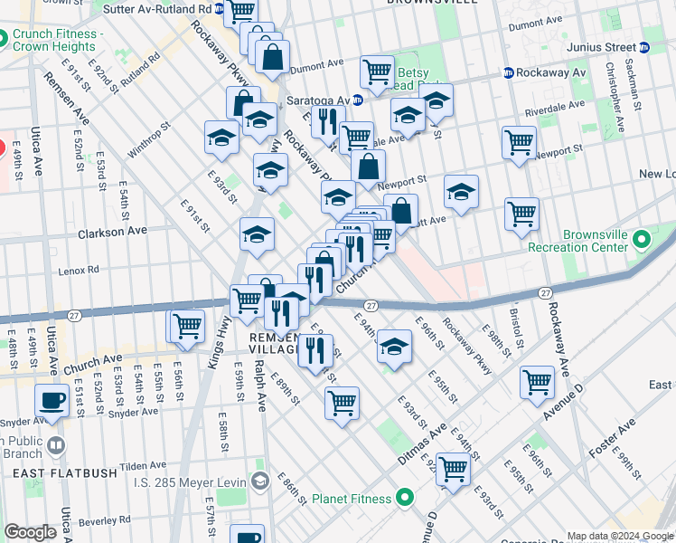 map of restaurants, bars, coffee shops, grocery stores, and more near 475 East 95th Street in Brooklyn