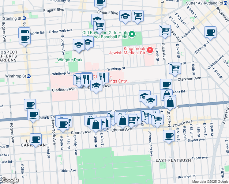 map of restaurants, bars, coffee shops, grocery stores, and more near 654 Clarkson Avenue in Brooklyn