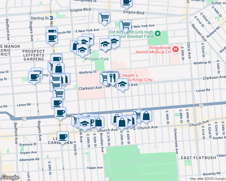 map of restaurants, bars, coffee shops, grocery stores, and more near 510 Clarkson Avenue in Brooklyn