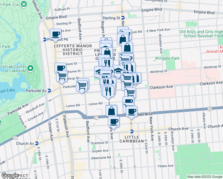 map of restaurants, bars, coffee shops, grocery stores, and more near 636 Rogers Avenue in Brooklyn