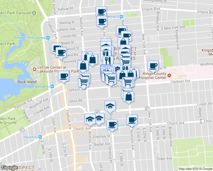 map of restaurants, bars, coffee shops, grocery stores, and more near 636 Rogers Avenue in Brooklyn