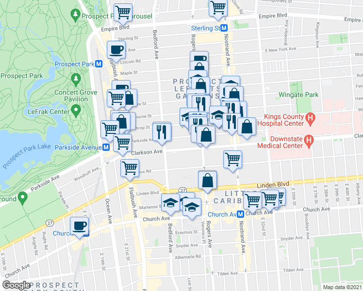 map of restaurants, bars, coffee shops, grocery stores, and more near 551 Parkside Avenue in Brooklyn