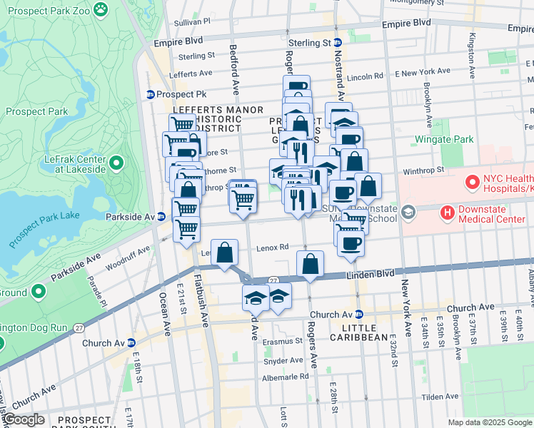 map of restaurants, bars, coffee shops, grocery stores, and more near 551 Parkside Avenue in Brooklyn