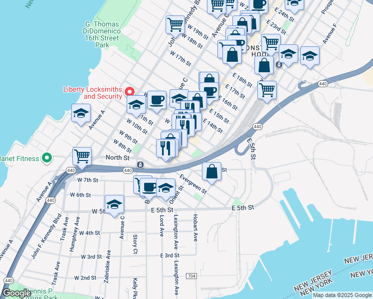 map of restaurants, bars, coffee shops, grocery stores, and more near 7 West 11th Street in Bayonne