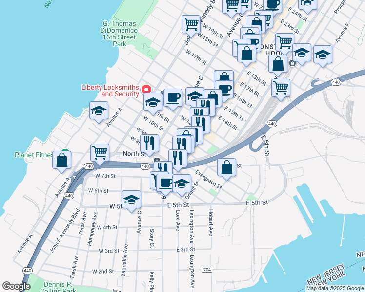 map of restaurants, bars, coffee shops, grocery stores, and more near 33 West 10th Street in Bayonne