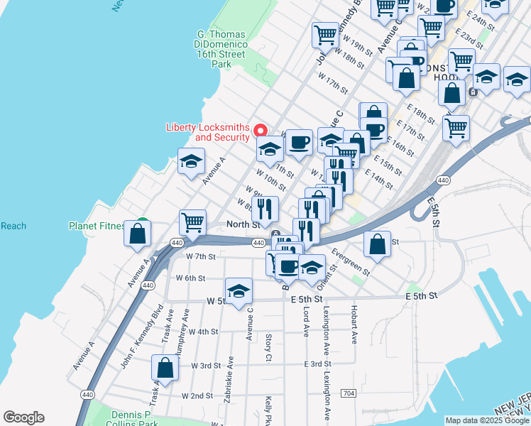 map of restaurants, bars, coffee shops, grocery stores, and more near 84 West 9th Street in Bayonne
