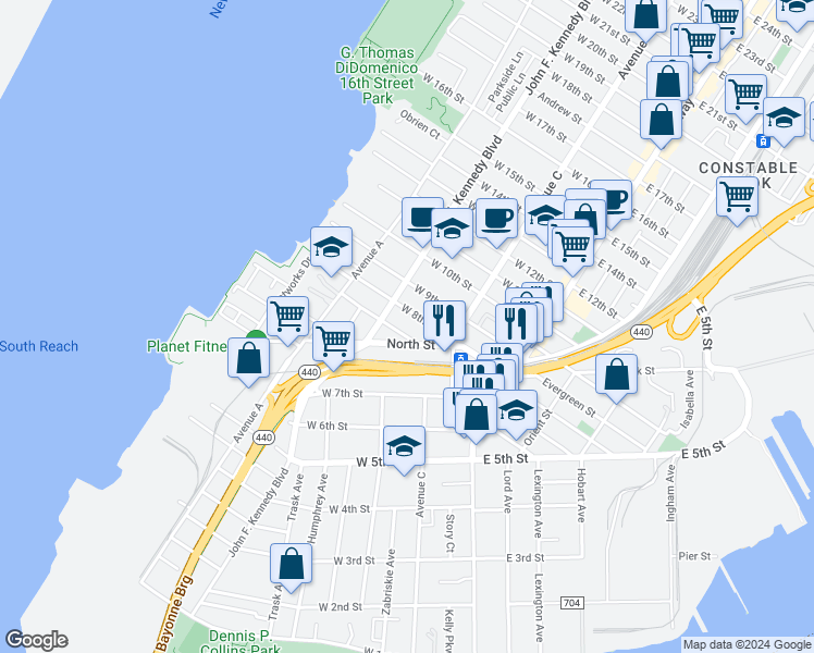 map of restaurants, bars, coffee shops, grocery stores, and more near in Bayonne