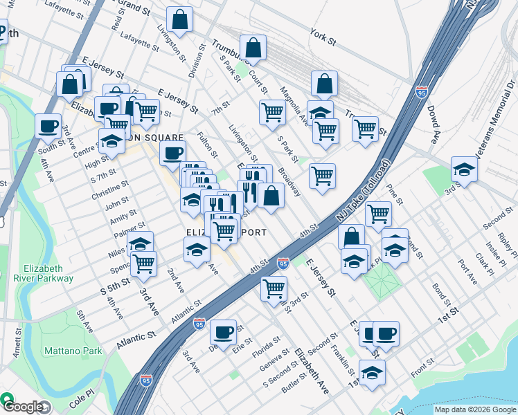 map of restaurants, bars, coffee shops, grocery stores, and more near 517 Fulton Street in Elizabeth