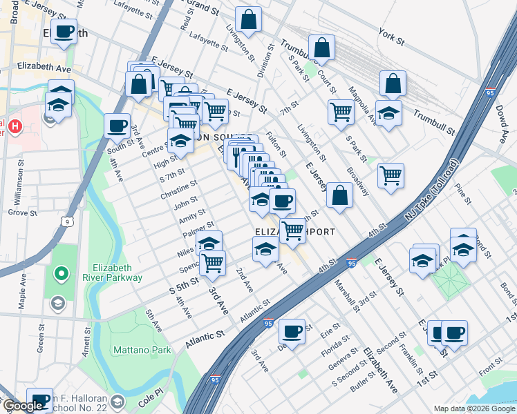 map of restaurants, bars, coffee shops, grocery stores, and more near 554 Marshall Street in Elizabeth