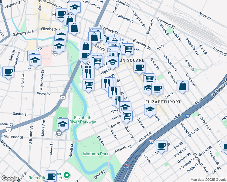 map of restaurants, bars, coffee shops, grocery stores, and more near 234 Christine Street in Elizabeth