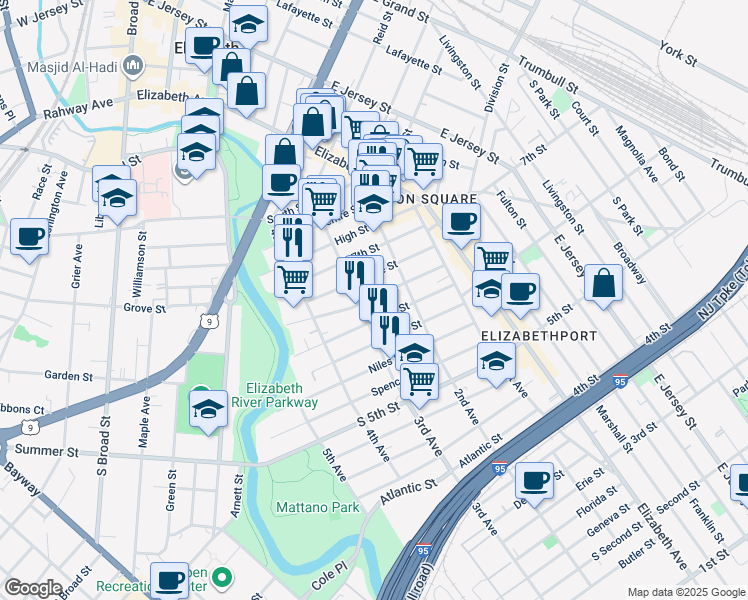 map of restaurants, bars, coffee shops, grocery stores, and more near 234 Christine Street in Elizabeth