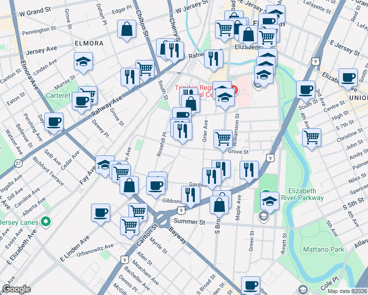 map of restaurants, bars, coffee shops, grocery stores, and more near 336 Washington Avenue in Elizabeth