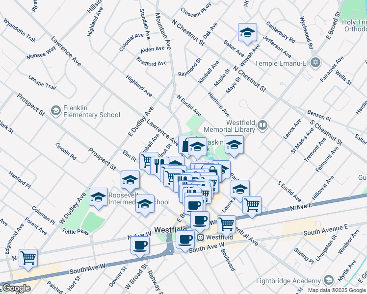 map of restaurants, bars, coffee shops, grocery stores, and more near 201 Mountain Avenue in Westfield