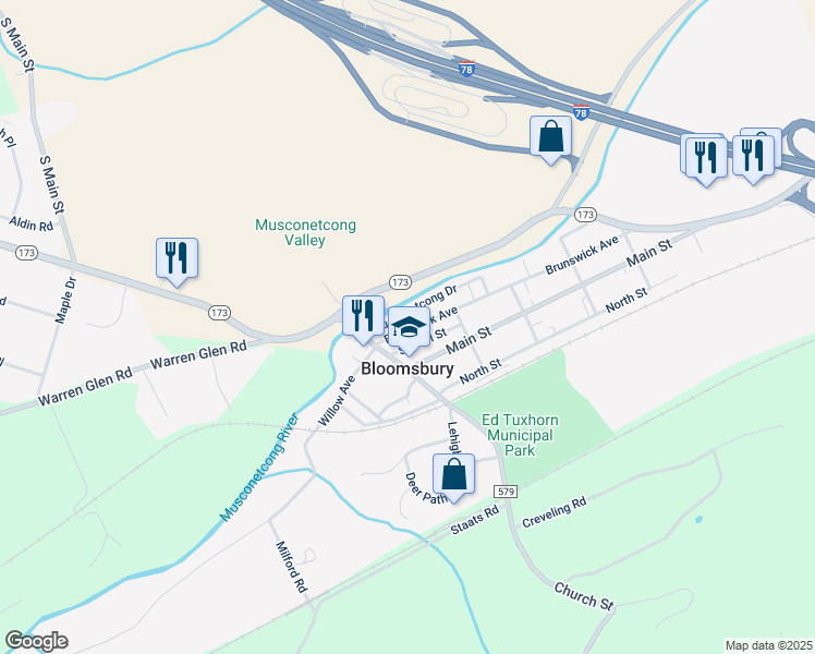 map of restaurants, bars, coffee shops, grocery stores, and more near 704 New Jersey 173 in Bloomsbury