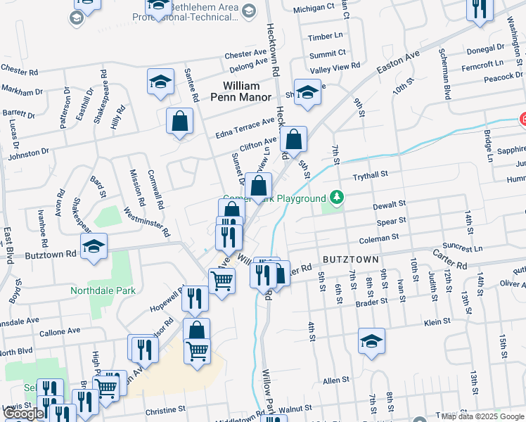 map of restaurants, bars, coffee shops, grocery stores, and more near 3354 Easton Avenue in Bethlehem