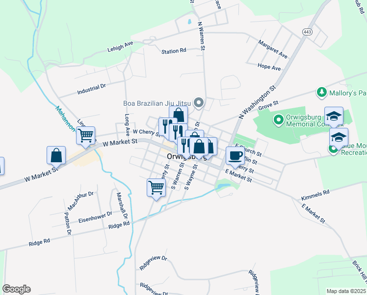 map of restaurants, bars, coffee shops, grocery stores, and more near 100 North Warren Street in Orwigsburg