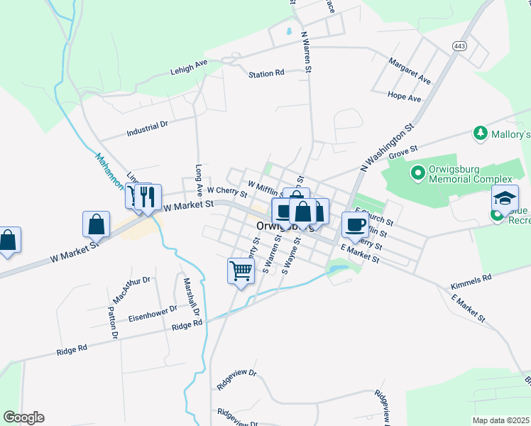 map of restaurants, bars, coffee shops, grocery stores, and more near 212 East Market Street in Orwigsburg