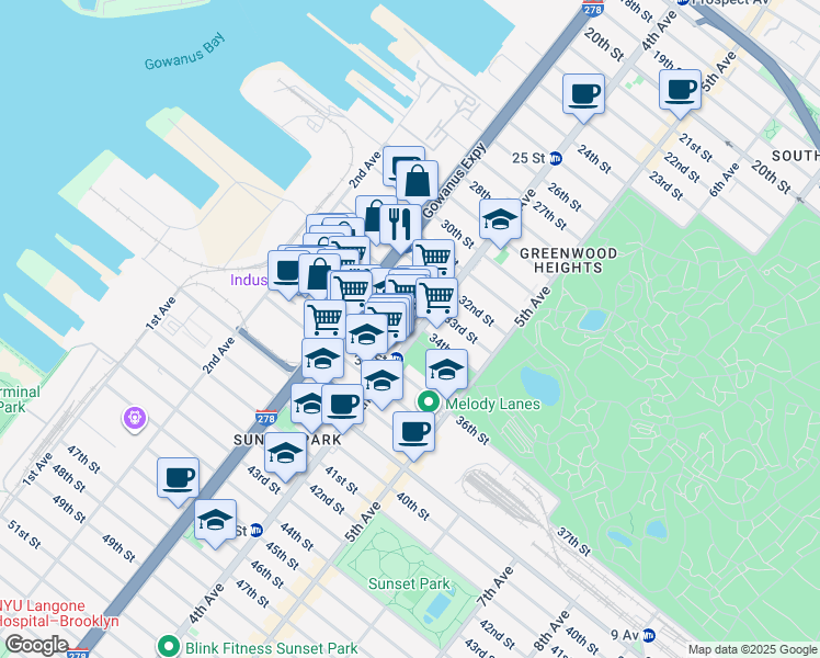 map of restaurants, bars, coffee shops, grocery stores, and more near 161 34th Street in Brooklyn